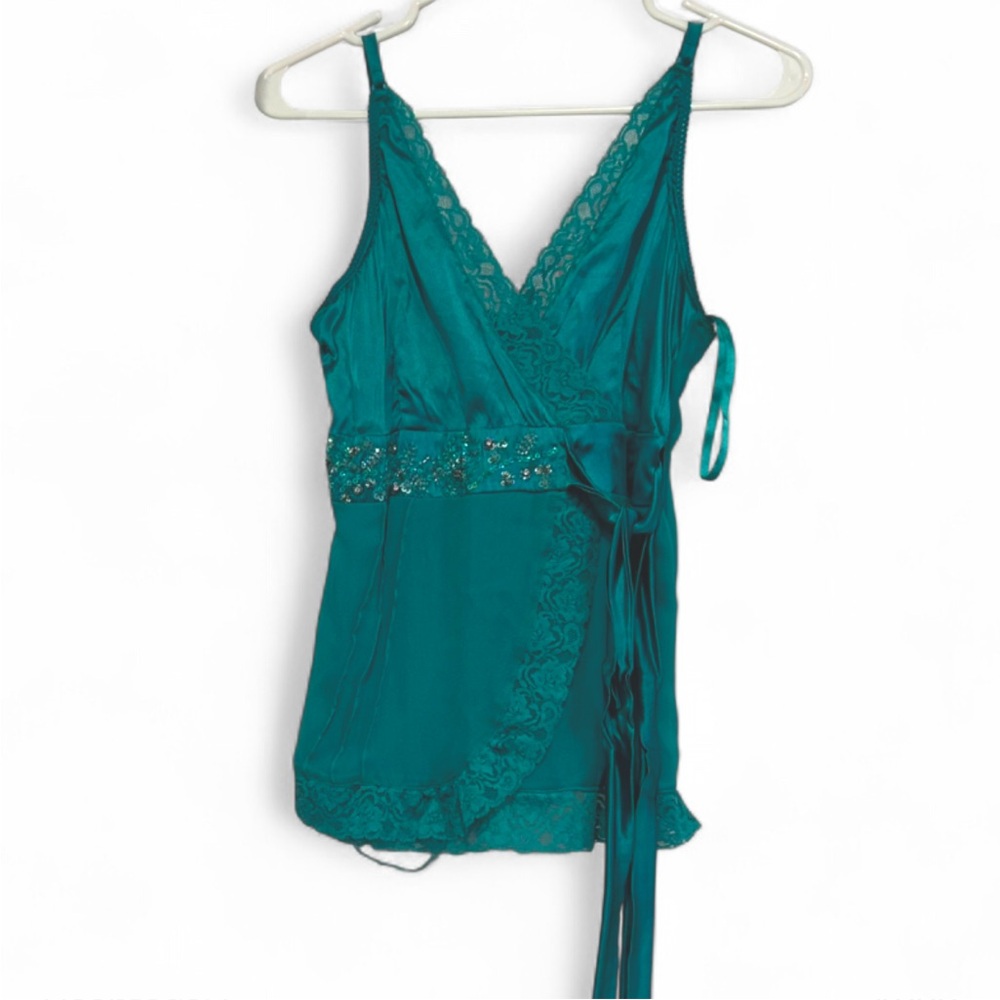 Le Chateau 100% Silk Teal Lace-Trim Sequin Tank Top